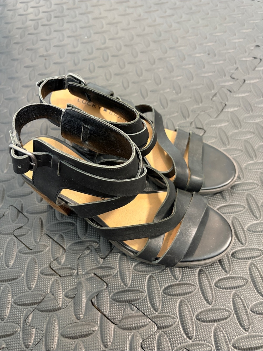 Lucky Brand Black Strappy Wedge Sandals with Ankle Buckle